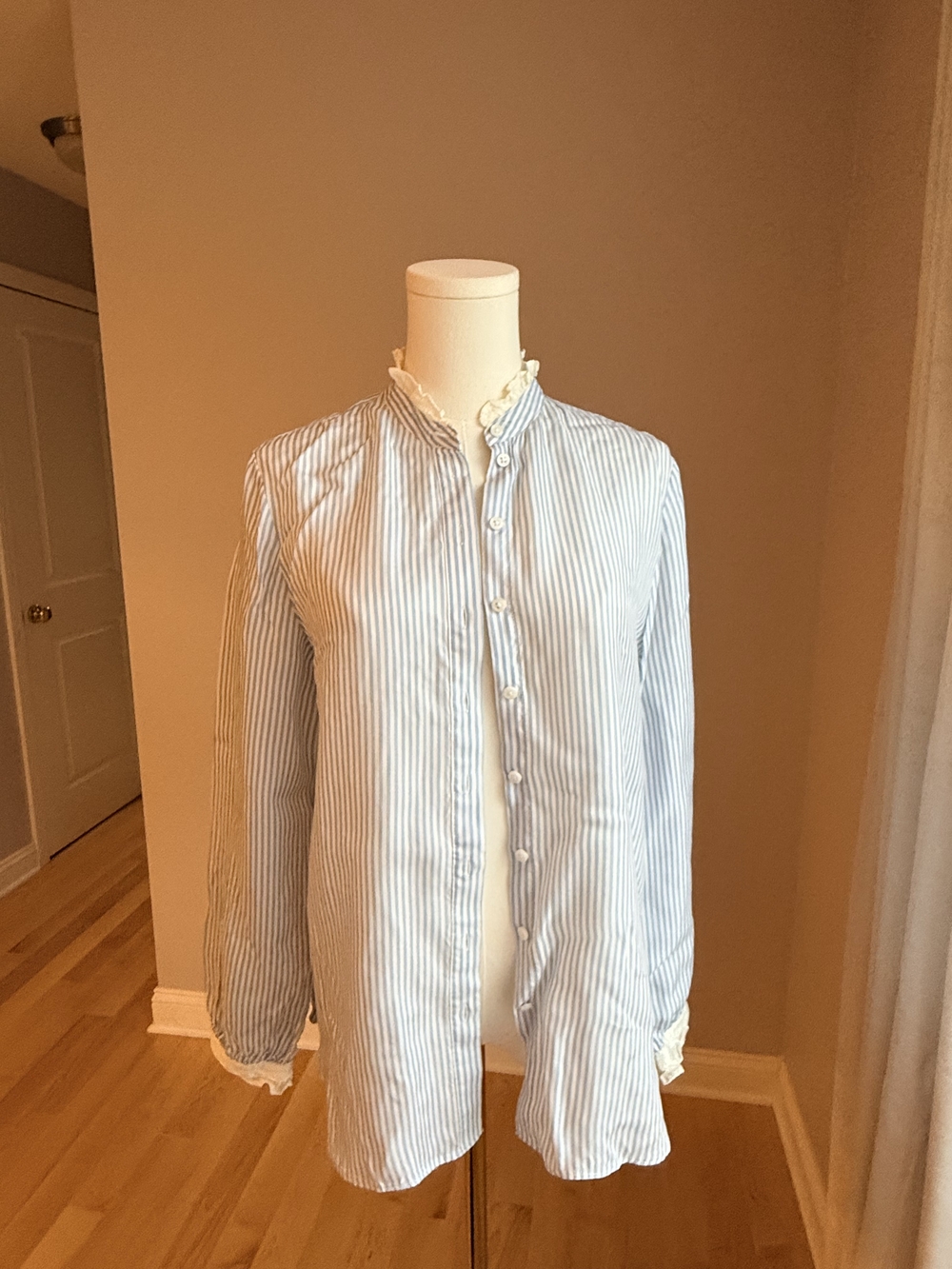 J. Crew Blue and White Pinstripe Ruffle-Trim Button-Down Shirt